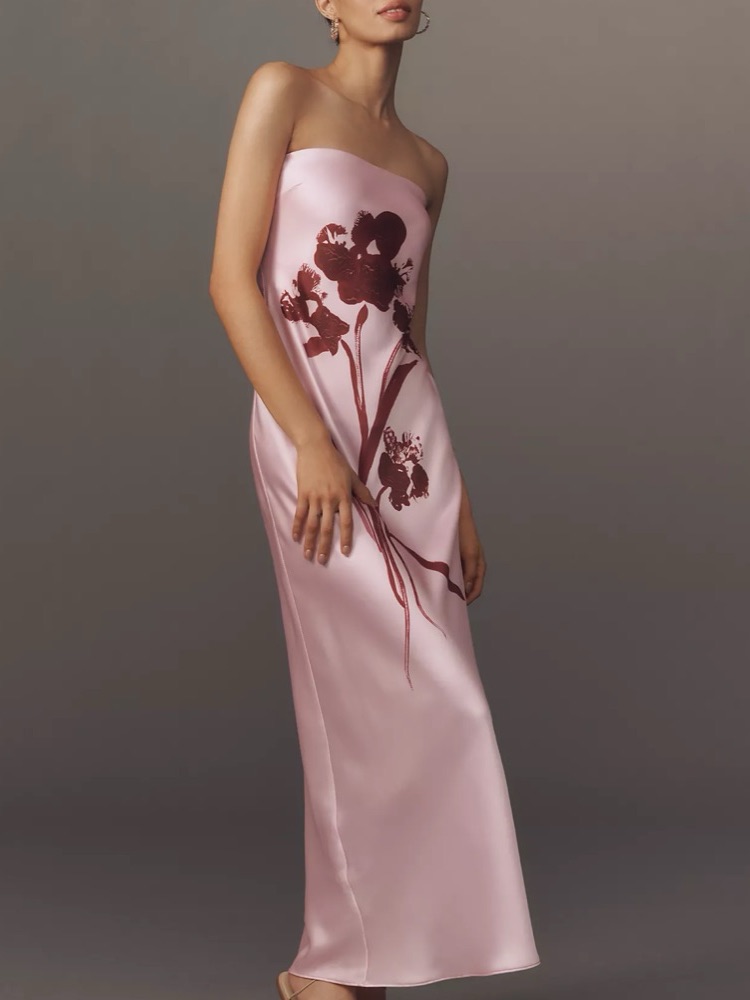 Anthropologie Strapless Pink Satin Maxi Nwts